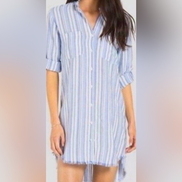 cloth & stone Dresses & Skirts - Cloth & Stone Western Striped Frayed Hem Button-Shirtdress – Size M